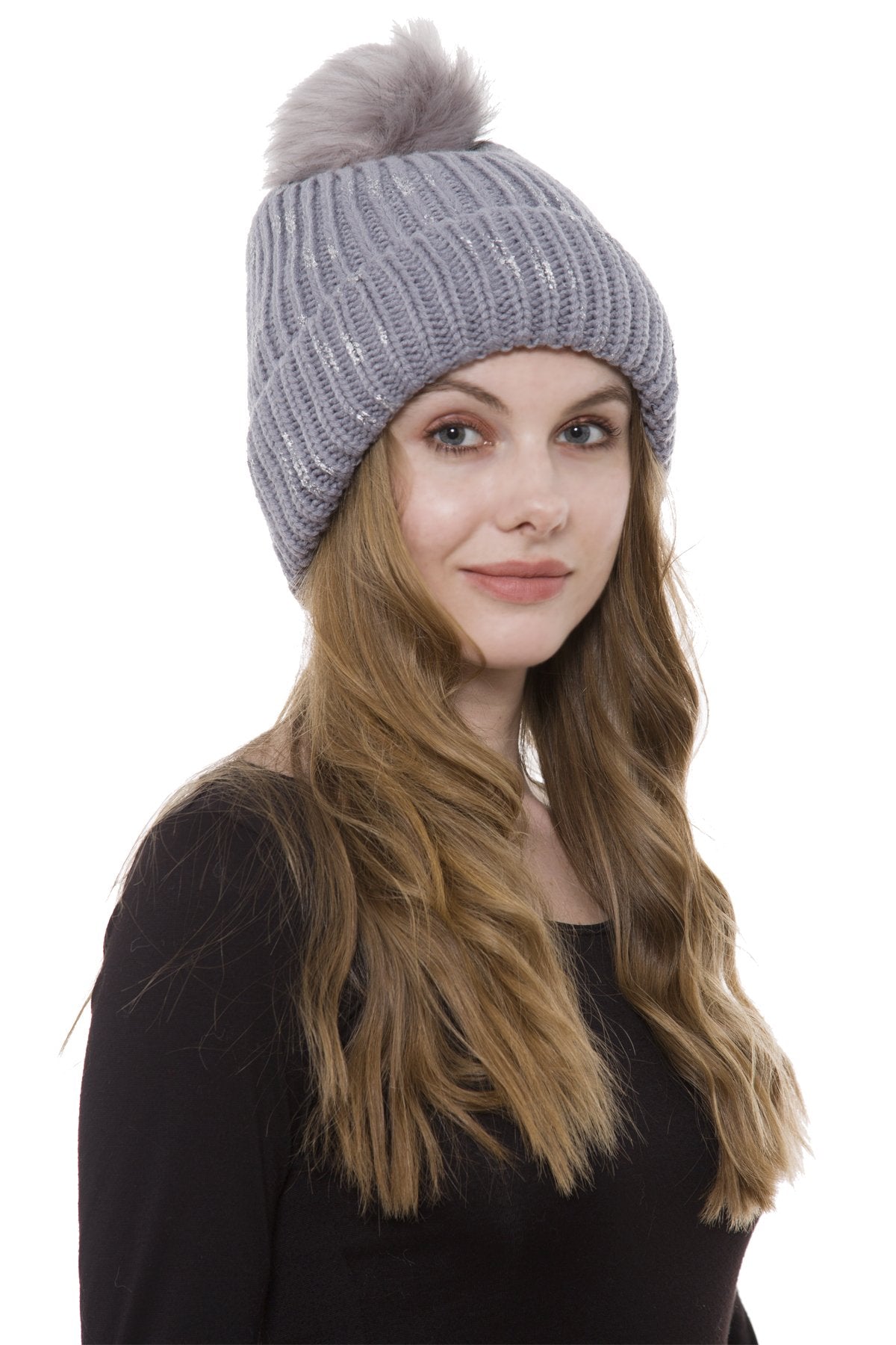 Solid Color W/ Silver Glitter Ribbed Knitted Beanie W/ Faux Fur Pom-Pom & Sherpa Lining