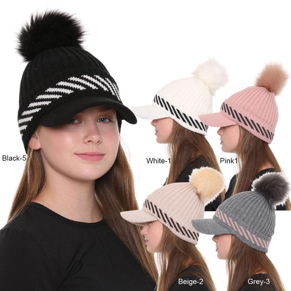 Stripe Detailed Knitted Hat W/ Faux Fur Pom-Pom & Sherpa Lining - 12Pc Set