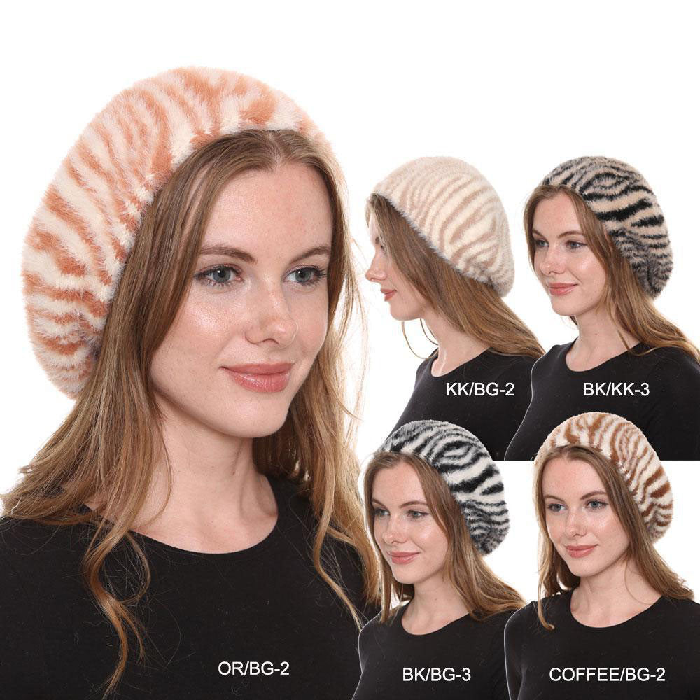 Zebra Pattern Faux Fur Beret - 12Pc SET
