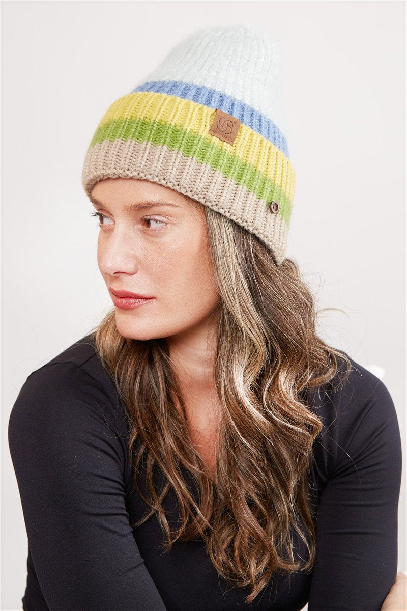 Stripe Pattern Knitted Beanie W/ Buttons 