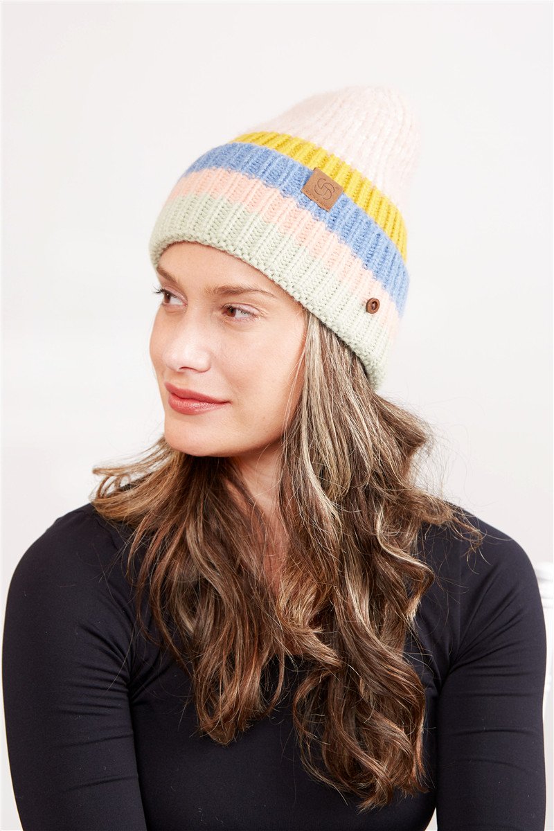 Stripe Pattern Knitted Beanie W/ Buttons 