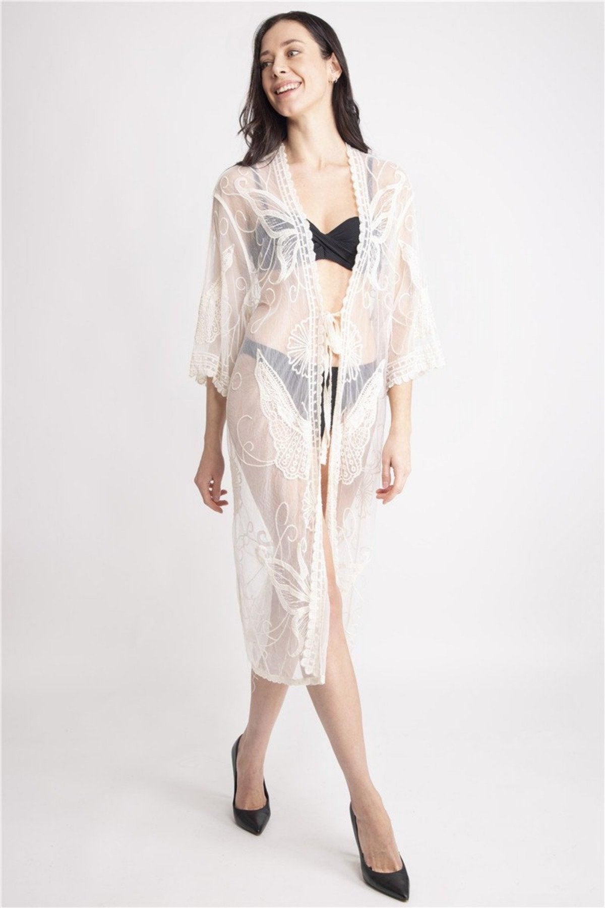 Butterfly Pattern Long Cover-Up W/ Tie-Knot Closure