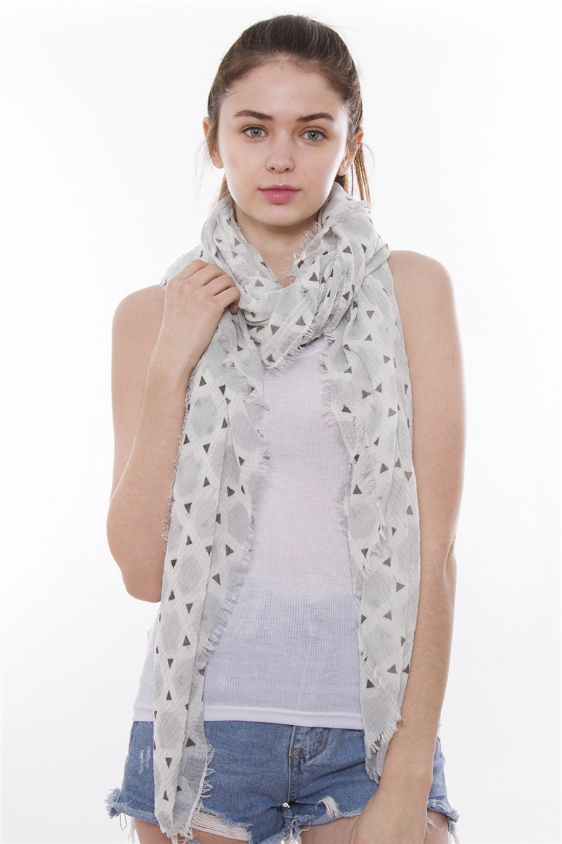 Hexagram Print Oblong Scarf With Tiny Short Fringe