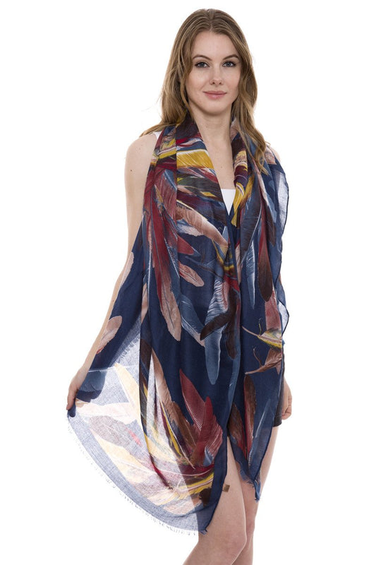 Feathers Print Light And Soft Oblong Scarf With Short Fringe 