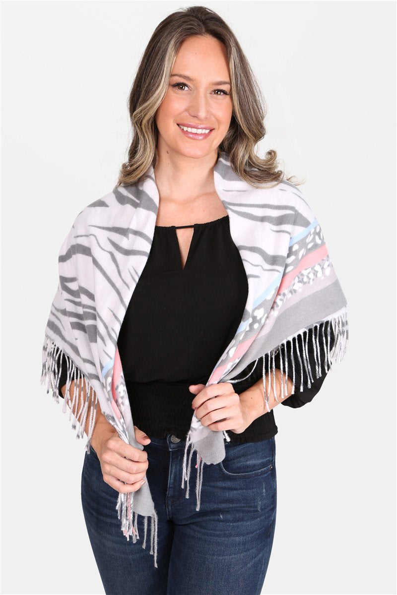 Animal Print Blanket Scarf With Stripes