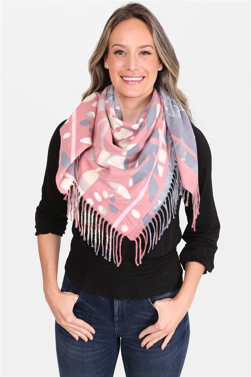 Leaves & Floral Print Blanket Scarf With Stripes