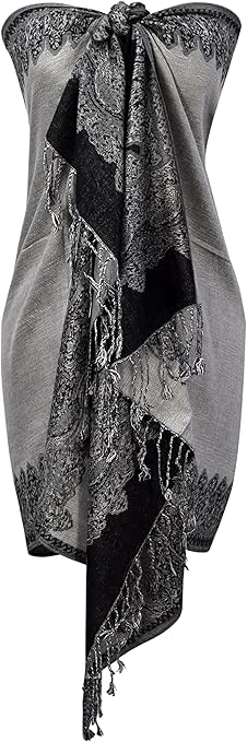Wholesale Bulk Lot Reversible Jacquard Paisley Pashmina Shawl Wrap Silver Black for Resellers