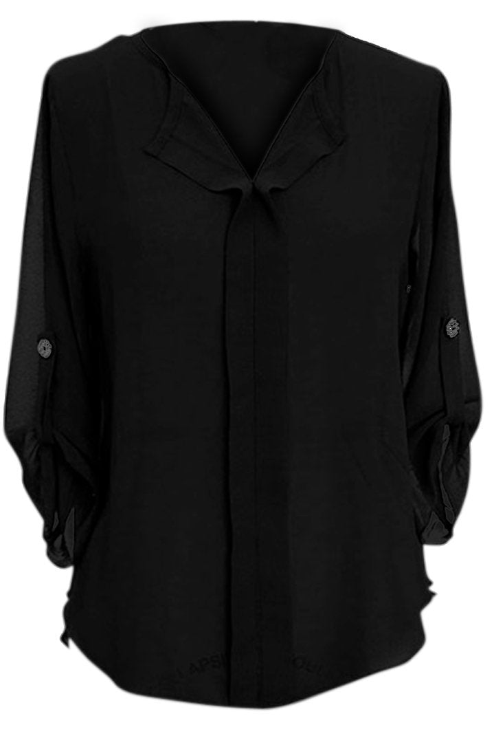 Wholesale Bulk Lot: Retro Vintage Semi Sheer Roll Sleeve Tab Blouse Black Medium