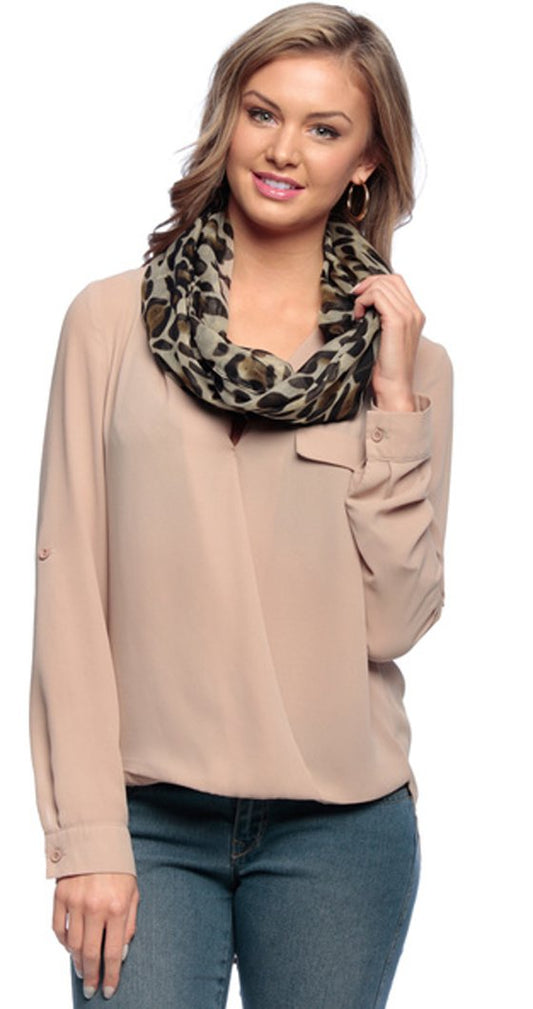Wholesale Bulk Lot: Women's Tan Animal Print Retro Two Tone Infinity Loop Scarf Reseller Pack
