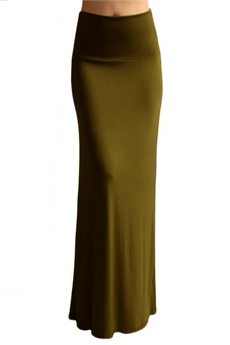 Wholesale Bulk Lot: Fold Over Waist Banded Maxi Skirt Dark Olive Reseller Pack