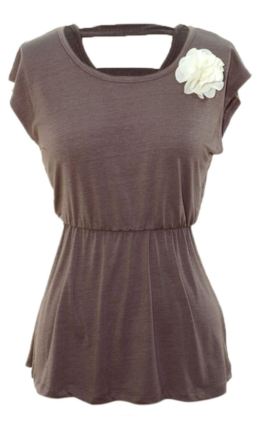 Wholesale Lot: Jersey Knit Rosette Cap Sleeve Elastic Waist Top, Large Taupe