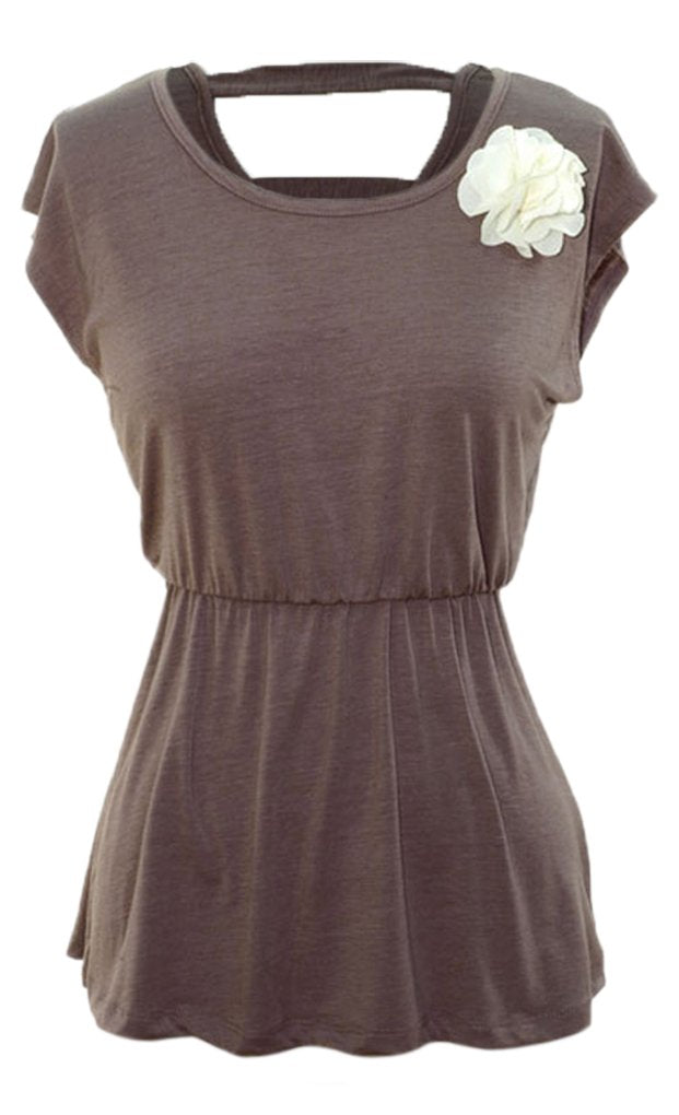Wholesale Bulk Lot: Jersey Knit Rosette Cap Sleeve Elastic Waist Top Medium Taupe