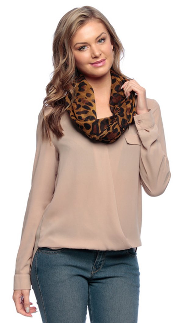 Wholesale Bulk Lot: Women's Retro Two Tone Animal Print Infinity Loop Scarf Brown Reseller Pack