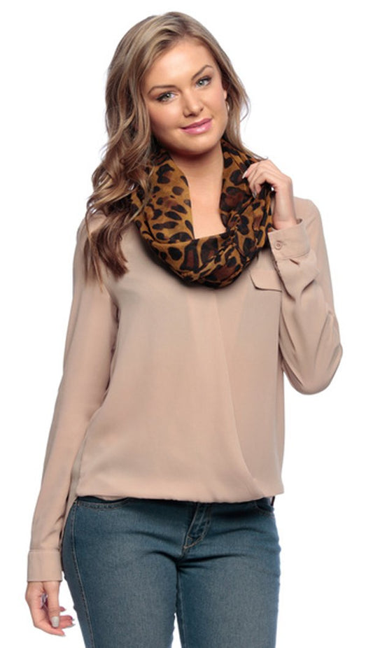 Wholesale Bulk Lot: Women's Retro Two Tone Animal Print Infinity Loop Scarf Brown Reseller Pack