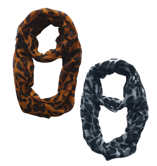 Wholesale Bulk Lot: 2-Pack Brown and Blue Animal Print Retro Infinity Loop Scarf for Resellers