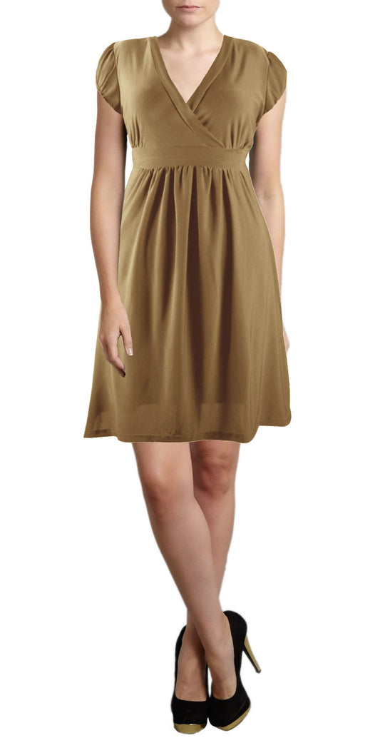 Wholesale Lot: Retro Skater Babydoll V Neck Cap Sleeve Short Mini Dress Tan S