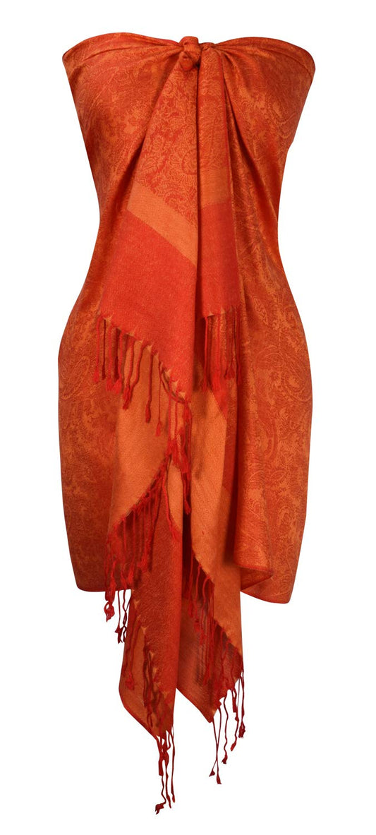 Wholesale Bulk Lot Vintage Two Color Jacquard Paisley Pashmina Shawl Wrap Red and Peach for Resellers