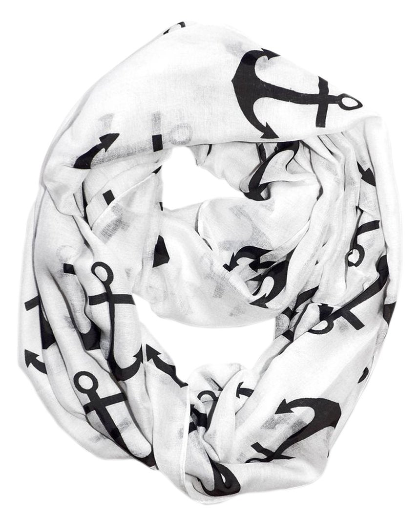 Wholesale Bulk Lot: White Nautical Anchor Print Infinity Loop Scarf Reseller Pack