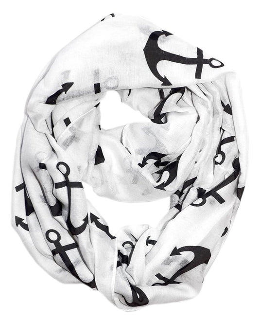 Wholesale Bulk Lot: White Nautical Anchor Print Infinity Loop Scarf Reseller Pack