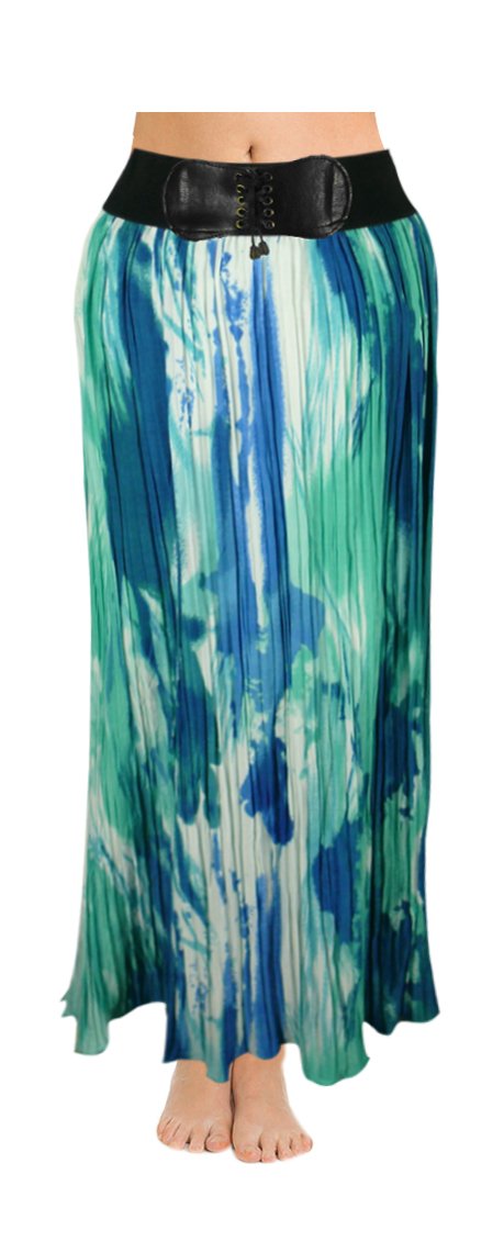 Wholesale Bulk Lot: Maxi Tie Dye Leather Bow Elastic Waist Skirt Peacock Size L