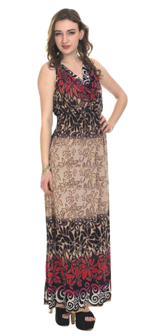Wholesale Bulk Lot: Women's Vintage Boho Floral Sleeveless Maxi Dress, Red, Large