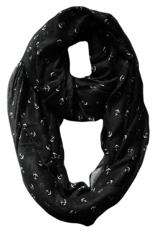 Wholesale Bulk Lot: Trendy Black Anchor Print Infinity Loop Scarf for Reseller Inventory