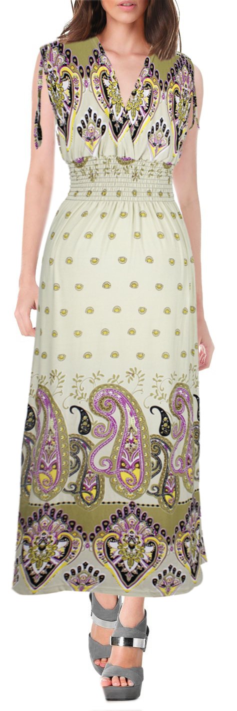 Wholesale Bulk Lot: Exotic Tahiti Multicolor Border Print Maxi Dress Cream Olive L