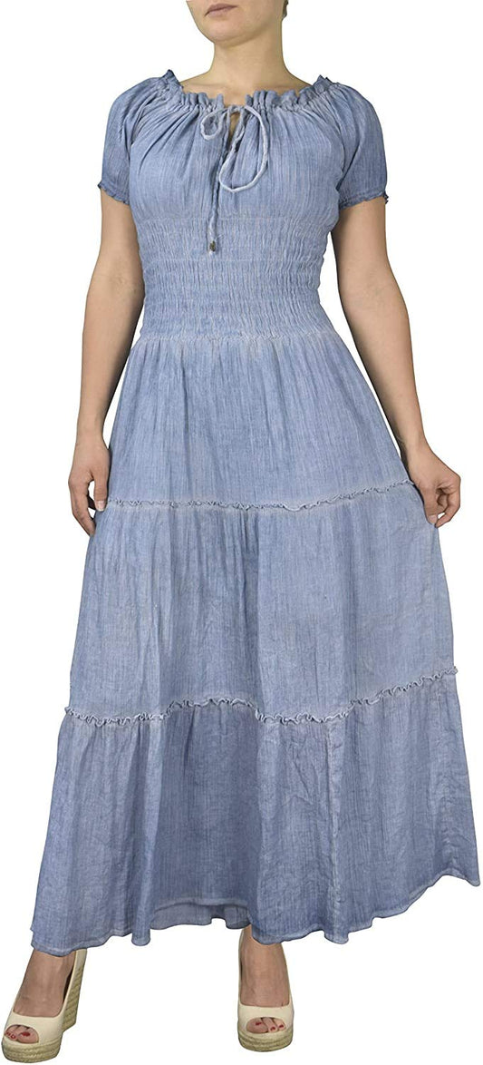 Wholesale Bulk Lot: Womens Boho Gypsy Maxi Dress Corset Light Denim Medium
