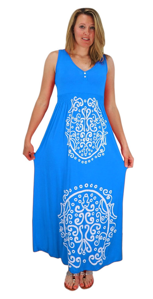 Wholesale Bulk Lot: Sleeveless Smocked Damask Embossed Maxi Dress Blue Medium