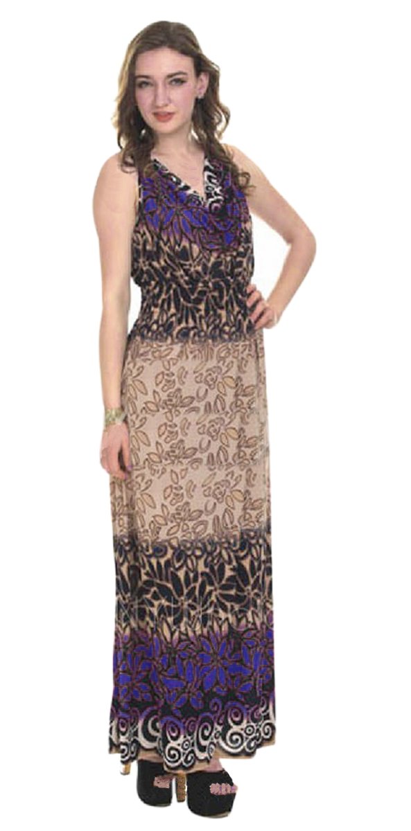 Wholesale Bulk Lot: Women's Vintage Boho Floral Sleeveless Maxi Dress, Blue, Med