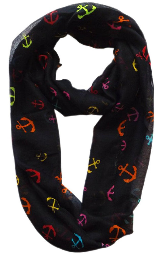Wholesale Bulk Lot: Rainbow Anchor Print Black Infinity Loop Scarves for Resellers