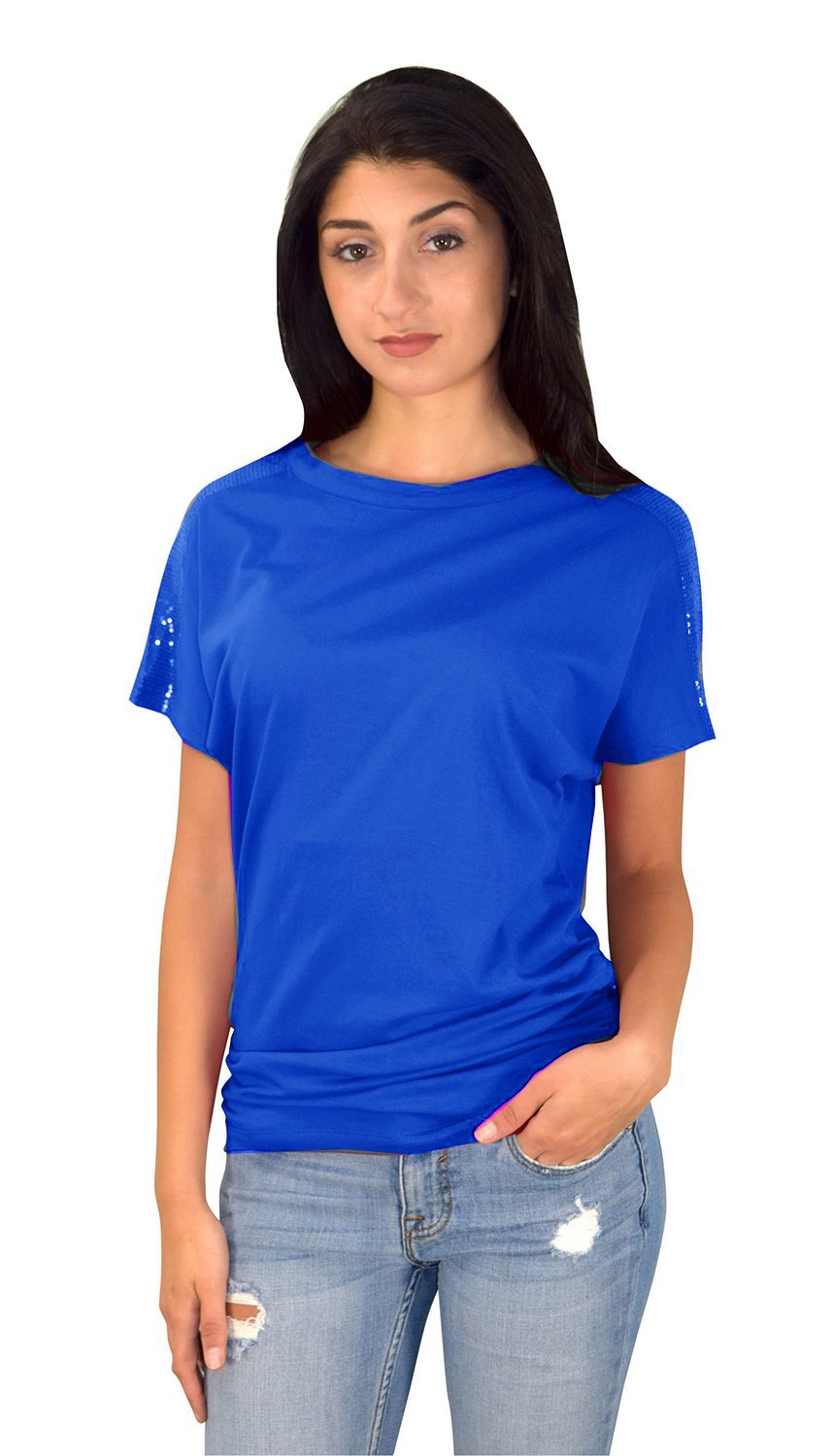 Wholesale Bulk Lot: Cotton Boat Neck Dolman Sequin Shoulder Tops Medium Blue