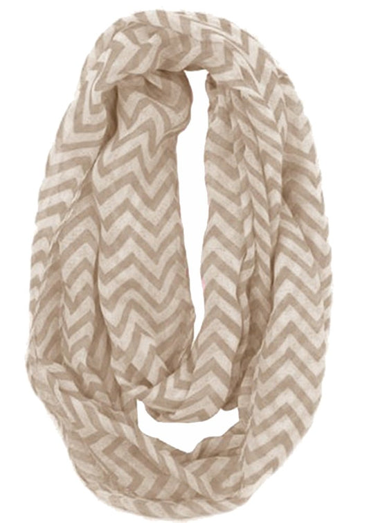 Wholesale Bulk Lot: Lightweight Sheer Chevron Infinity Loop Scarf Tan & White Reseller Pack