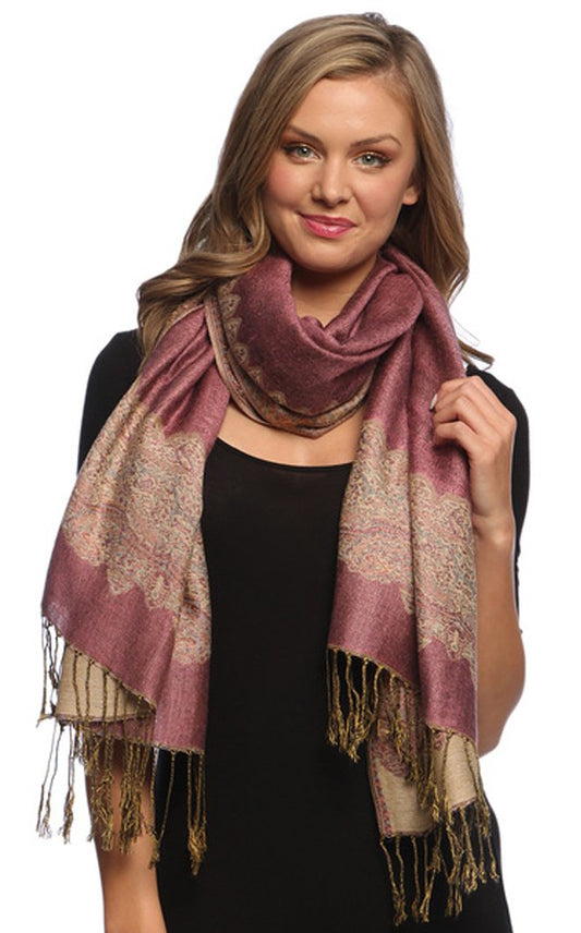 Wholesale Bulk Lot Reversible Paisley Pashmina Shawl Pink Gold Scarf for Resellers