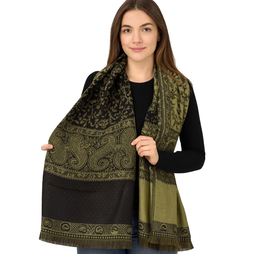 Wholesale Lot Reversible Paisley Pashmina Shawl Bulk Thick 4 Ply Scarf for Resellers Black Olive