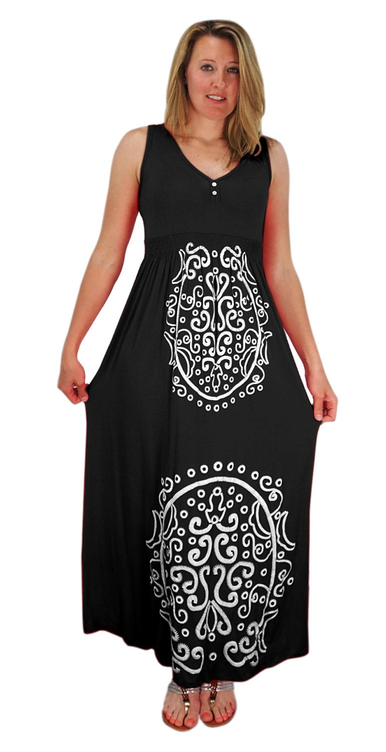 Wholesale Bulk Lot: Sleeveless Smocked Damask Embossed Long Maxi Dress Black Medium