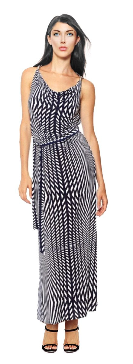 Wholesale Bulk Lot: Striped Metal Embellished Sleeveless Belted Maxi Dress Navy XL
