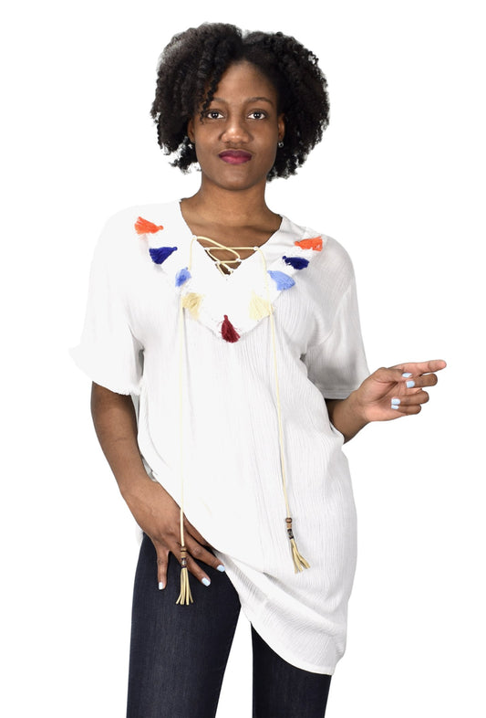 Wholesale Bulk Lot: Tasseled Lace Tie V Neck Crepe Beach Cover Up Tunic Tops White