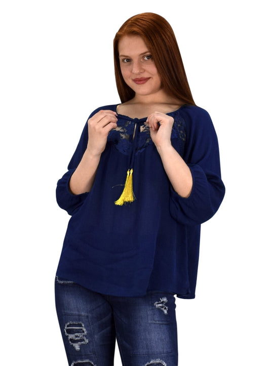 Wholesale Bulk Lot: Lace Tie Neck 3/4 Sleeve Crochet Blouse Top Navy Medium