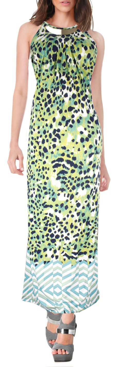 Wholesale Bulk Lot: Green Metal Halter Neck Tropical Maxi Dress Size Large