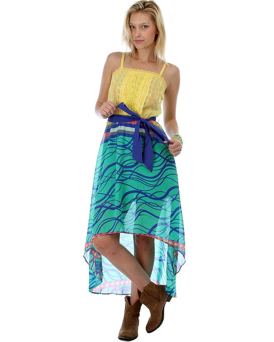 Wholesale Bulk Lot: Printed Chiffon High Low Peasant Dress Yellow Aqua Size Medium