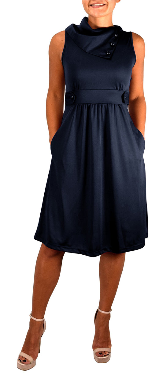 Wholesale Bulk Lot: Womens Sleeveless Fold Over Collar A-Line Dress, Navy, Small