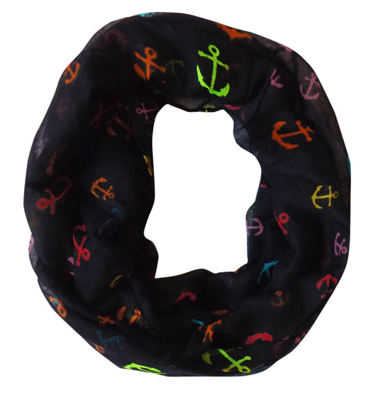 Wholesale Bulk Lot: Nautical Rainbow Anchor Infinity Loop Scarf Black Reseller Pack