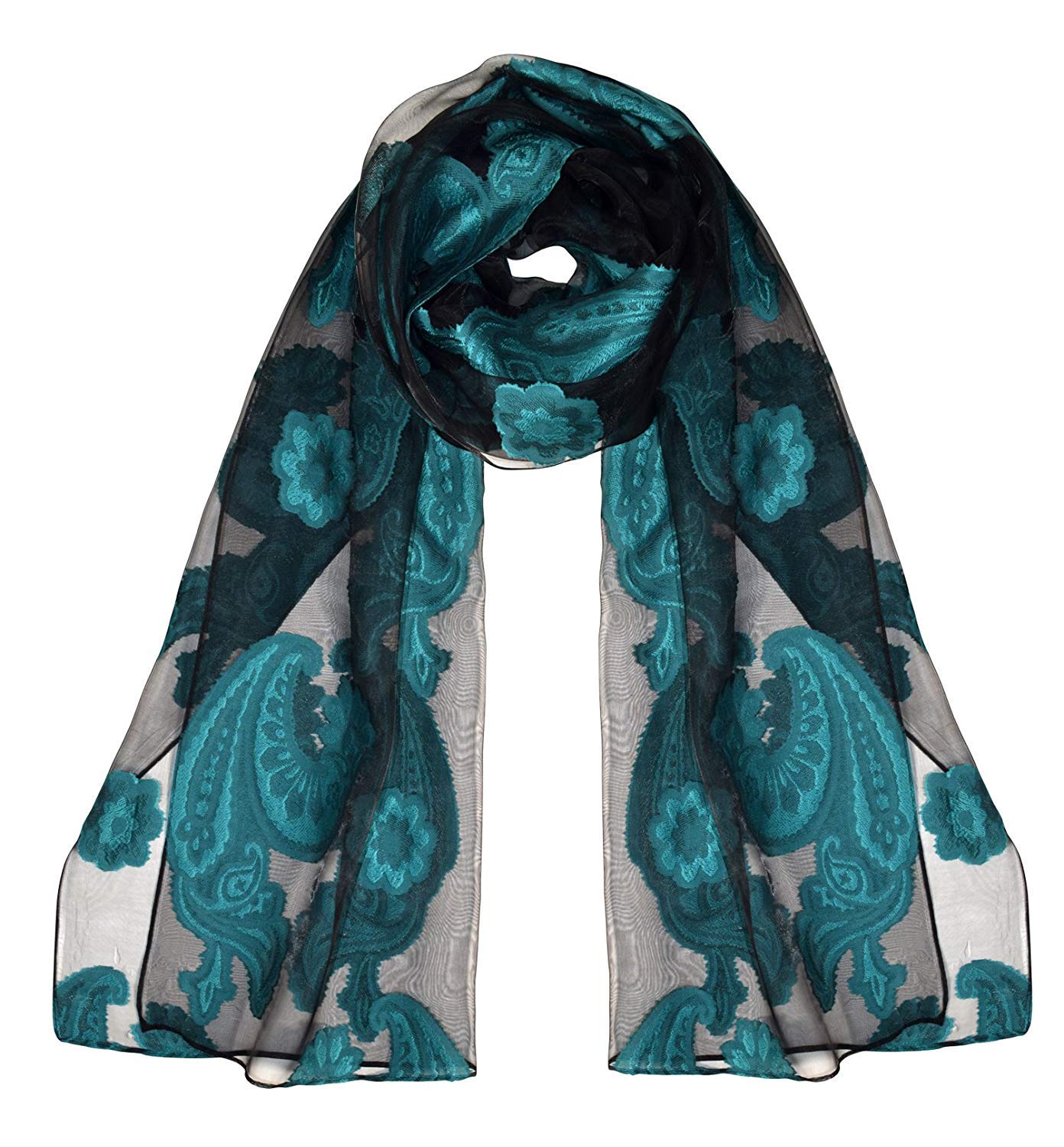 Wholesale Bulk Lot: Floral Embroidered Burnout Scarf Paisley Black Teal Reseller Pack