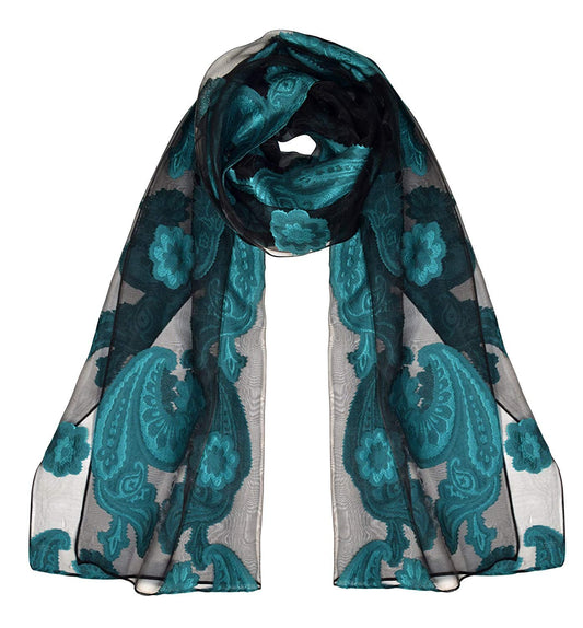 Wholesale Bulk Lot: Floral Embroidered Burnout Scarf Paisley Black Teal Reseller Pack