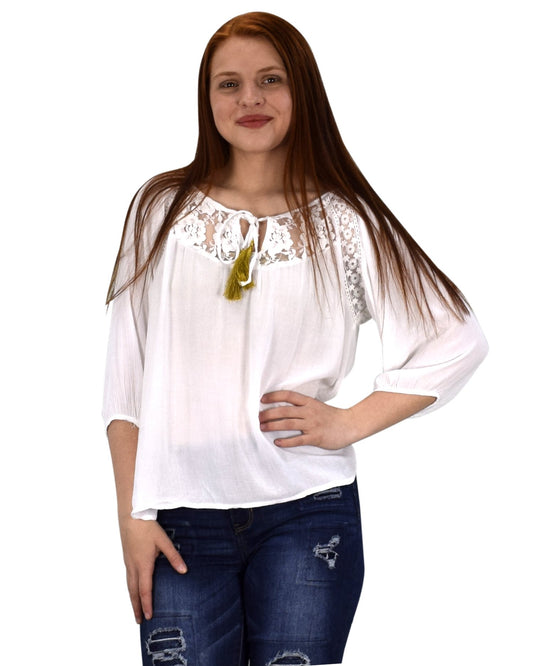 Wholesale Bulk Lot: Lace Pattern Tie Neck Crochet 3/4th Sleeve Blouse Top White M