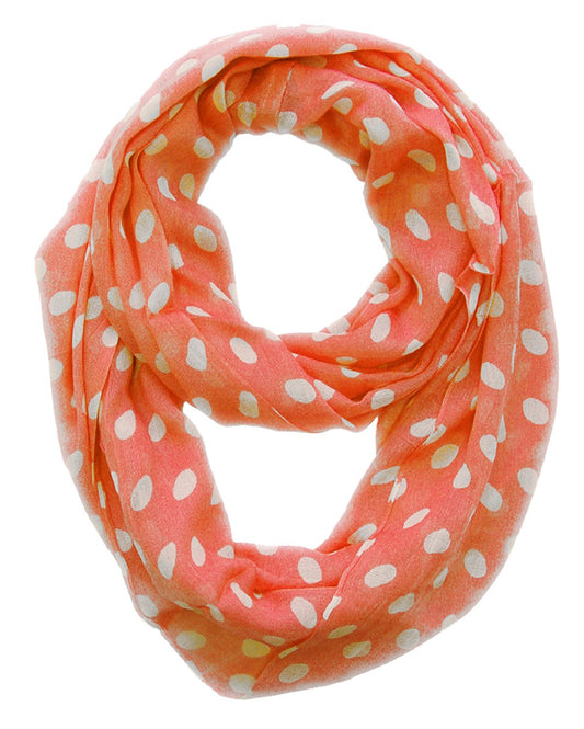 Wholesale Bulk Lot: Light Sheer Polka Dot Circle Print Infinity Loop Scarf Coral Cream Reseller Pack