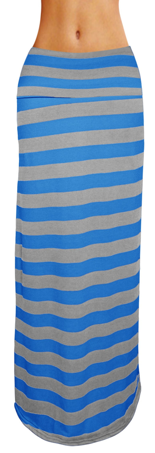 Wholesale Bulk Lot: Striped Turquoise Grey Fold Over Waist Maxi Skirt Small