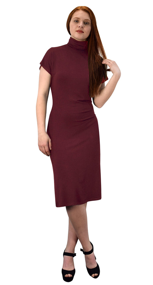 Wholesale Bulk Lot: Turtle Neck Short Sleeve Midi Dress Wine Size Medium