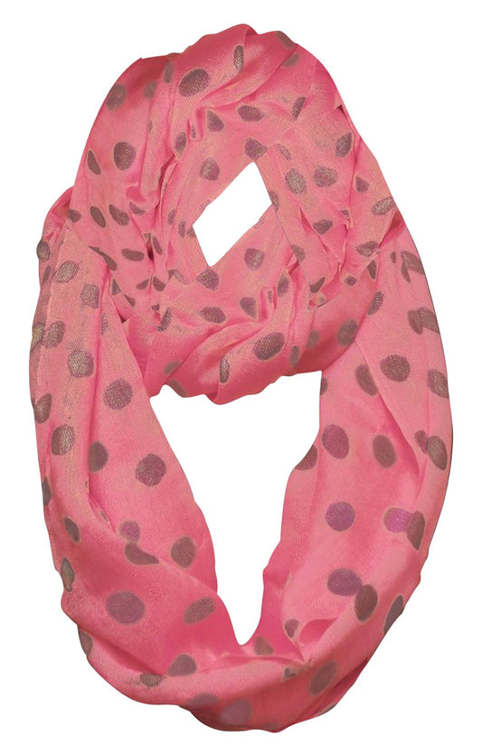 Wholesale Bulk Lot: Sheer Polka Dot Circle Print Infinity Loop Scarf Pink and Grey Reseller Pack